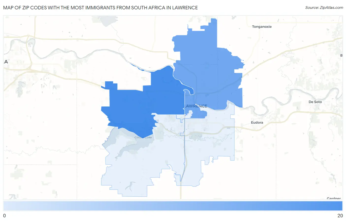 Zip Codes with the Most Immigrants from South Africa in Lawrence Map