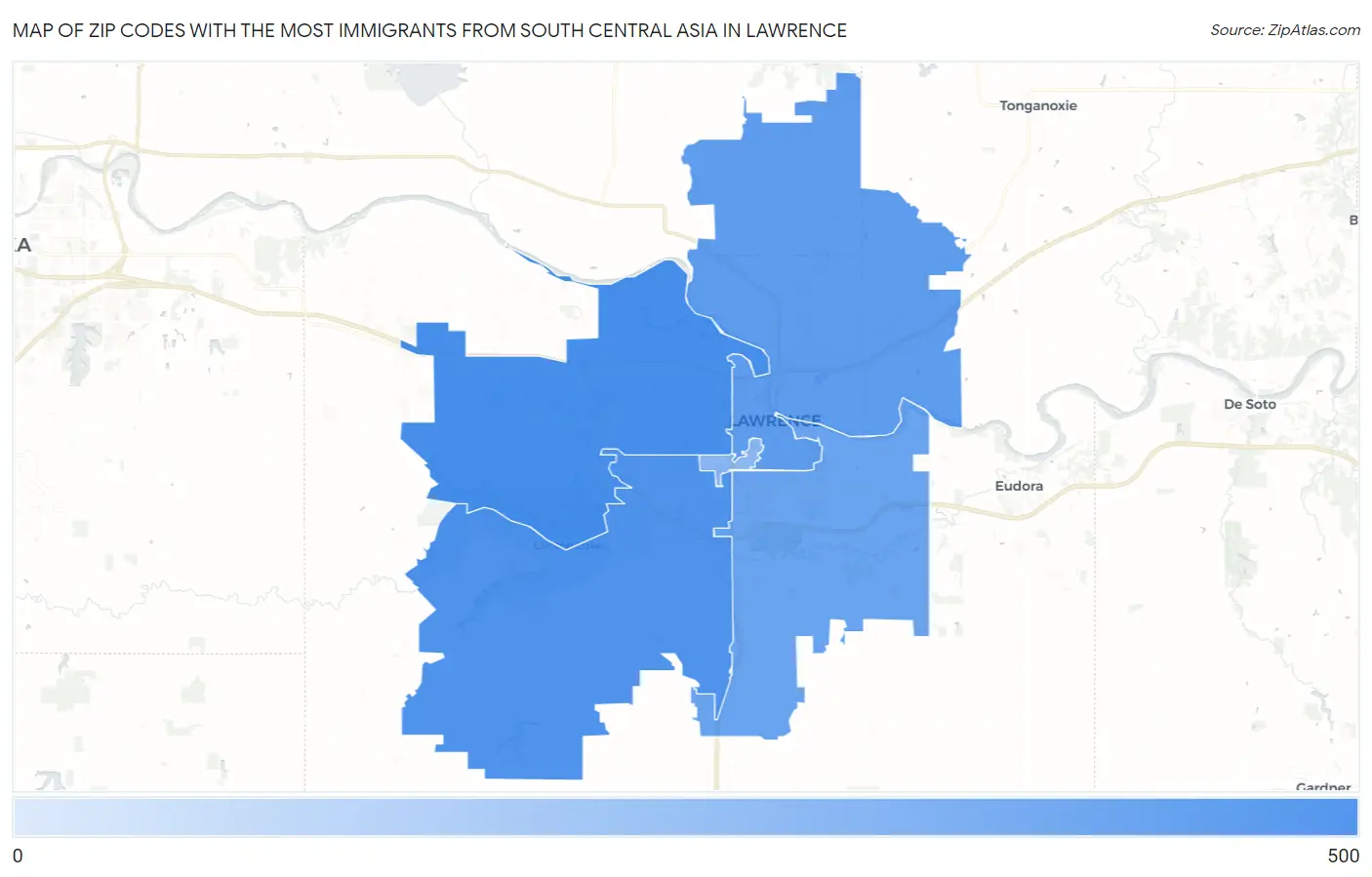 Zip Codes with the Most Immigrants from South Central Asia in Lawrence Map