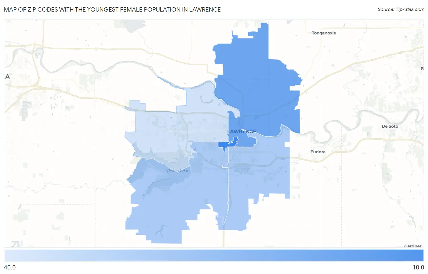 Zip Codes with the Youngest Female Population in Lawrence Map