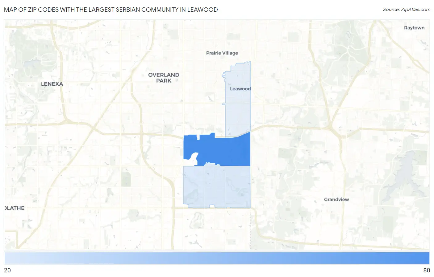 Zip Codes with the Largest Serbian Community in Leawood Map