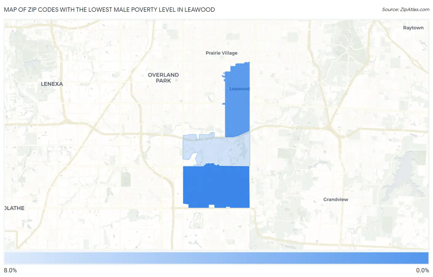 Zip Codes with the Lowest Male Poverty Level in Leawood Map