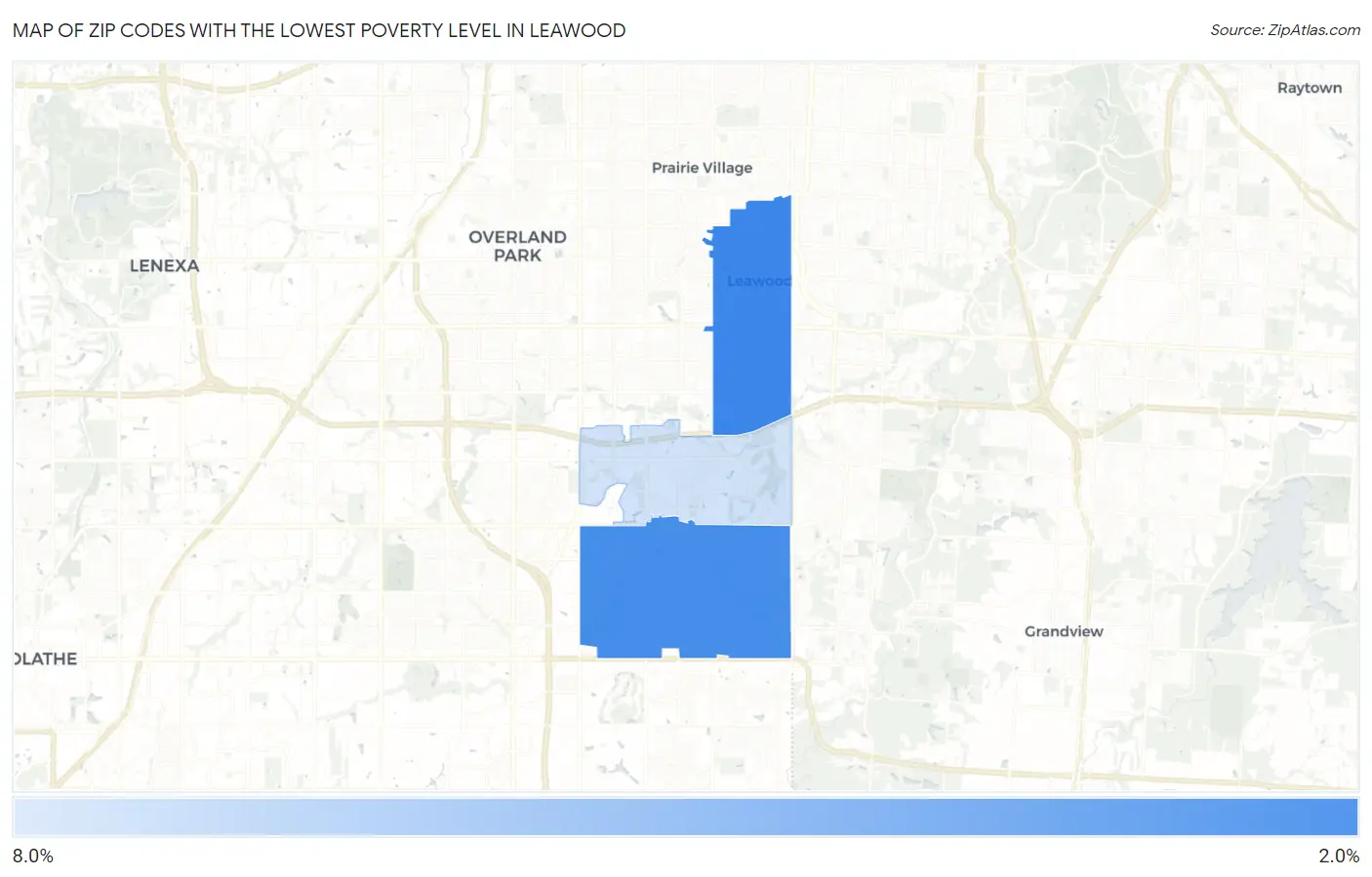 Zip Codes with the Lowest Poverty Level in Leawood Map