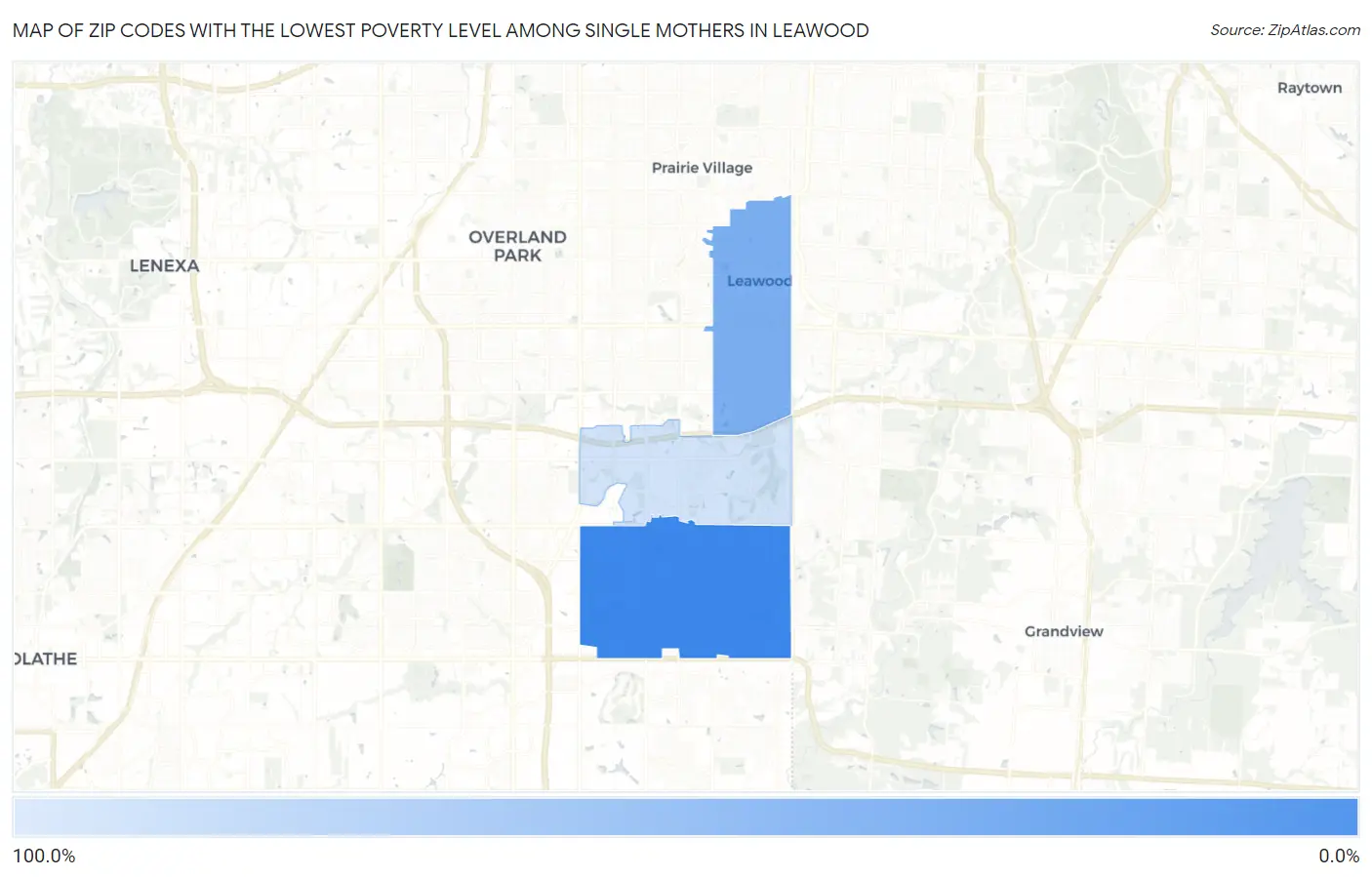 Zip Codes with the Lowest Poverty Level Among Single Mothers in Leawood Map