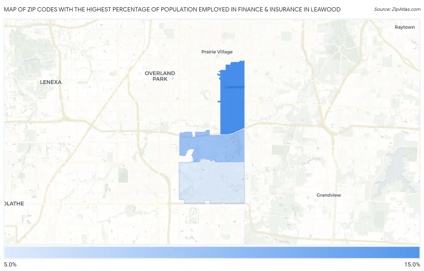 Zip Codes with the Highest Percentage of Population Employed in Finance & Insurance in Leawood Map