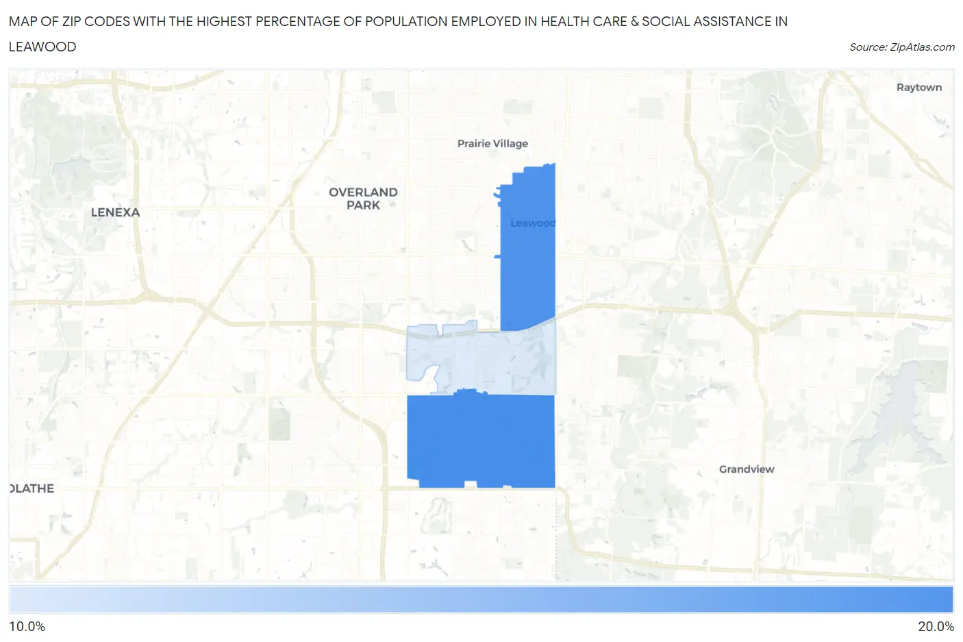 Zip Codes with the Highest Percentage of Population Employed in Health Care & Social Assistance in Leawood Map