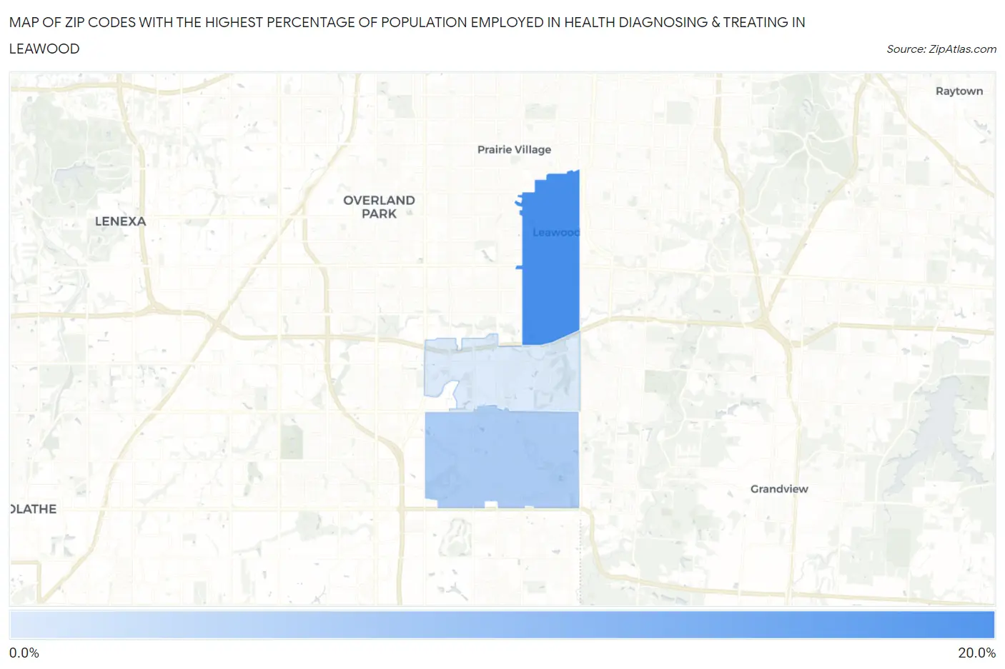 Zip Codes with the Highest Percentage of Population Employed in Health Diagnosing & Treating in Leawood Map