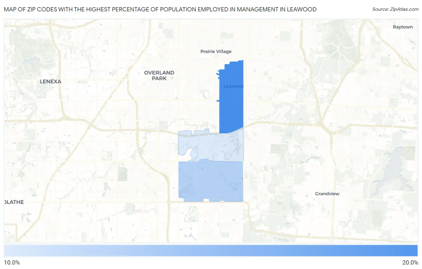 Zip Codes with the Highest Percentage of Population Employed in Management in Leawood Map
