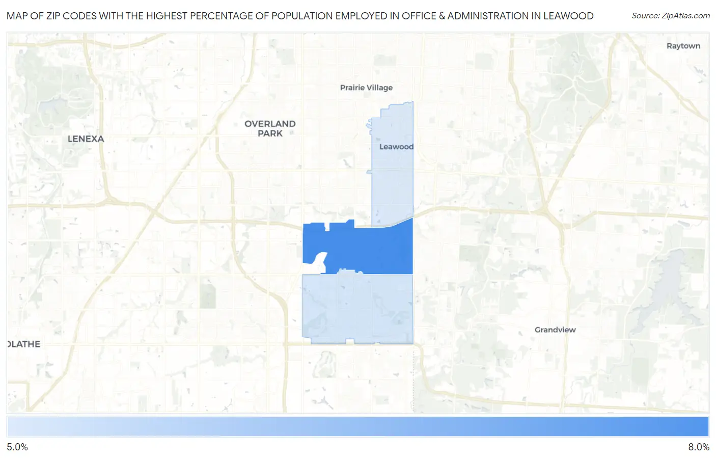 Zip Codes with the Highest Percentage of Population Employed in Office & Administration in Leawood Map