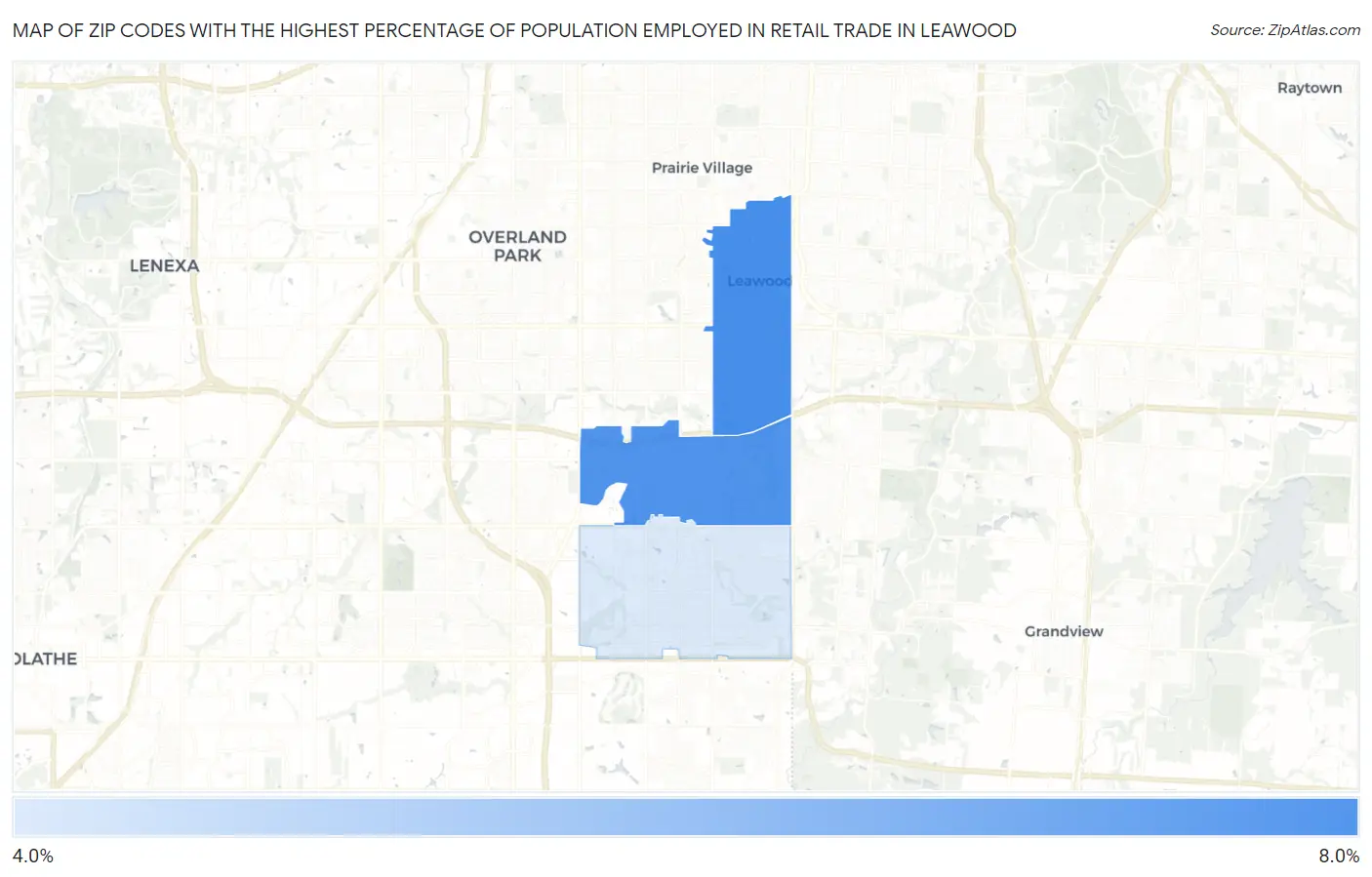 Zip Codes with the Highest Percentage of Population Employed in Retail Trade in Leawood Map
