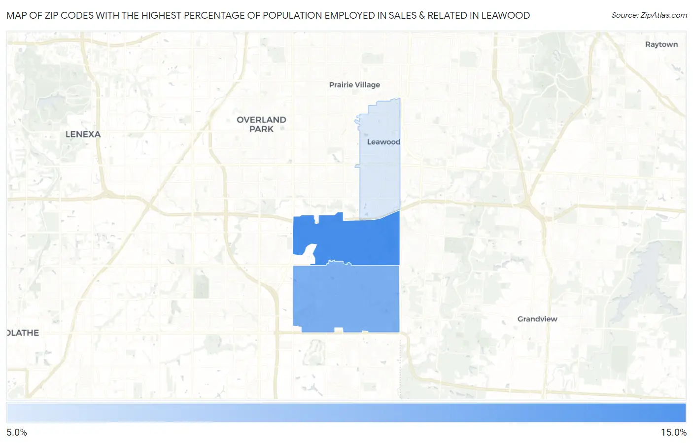 Zip Codes with the Highest Percentage of Population Employed in Sales & Related in Leawood Map