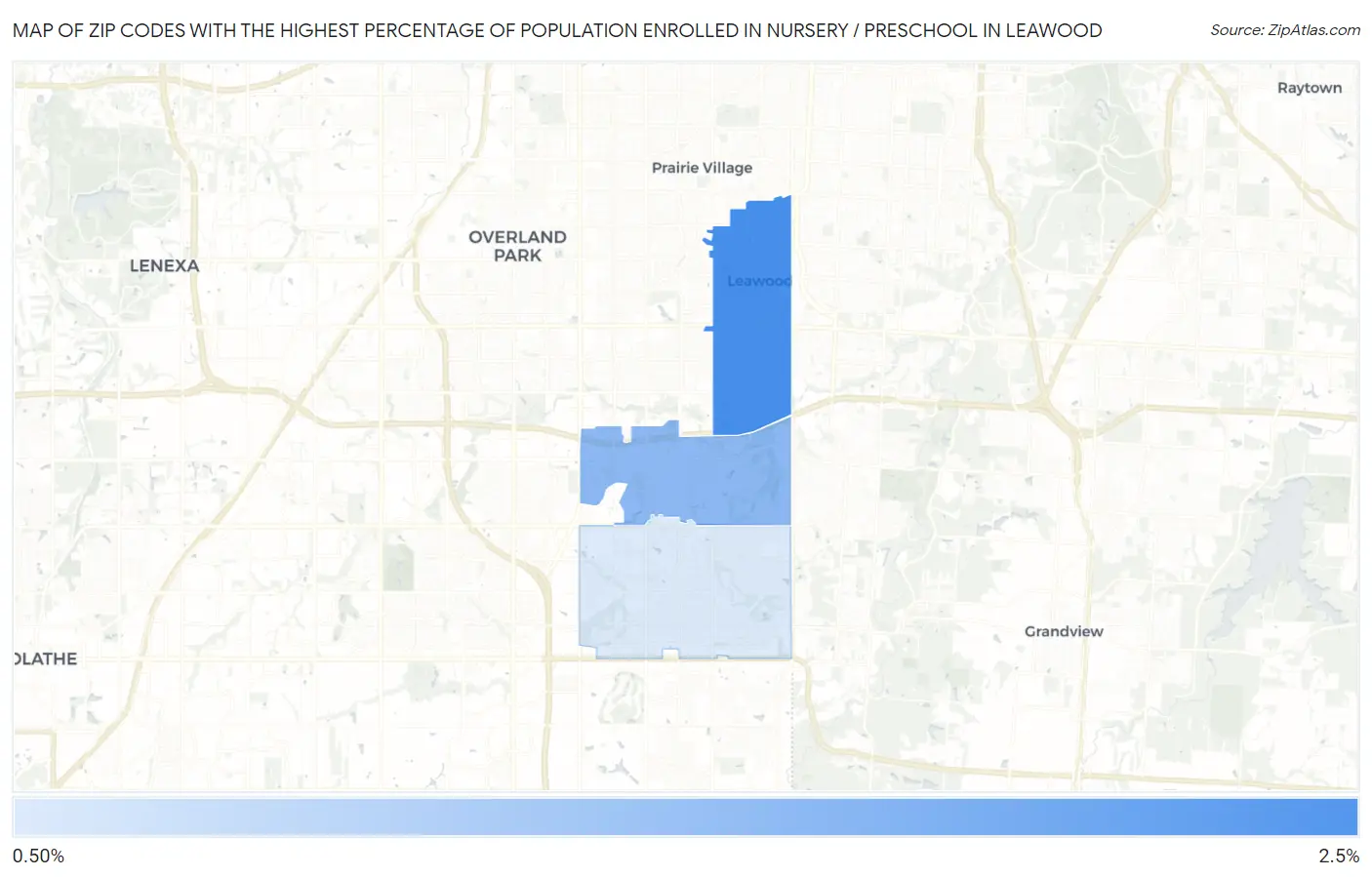 Zip Codes with the Highest Percentage of Population Enrolled in Nursery / Preschool in Leawood Map