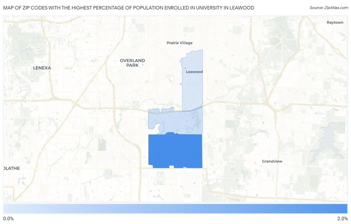 Zip Codes with the Highest Percentage of Population Enrolled in University in Leawood Map