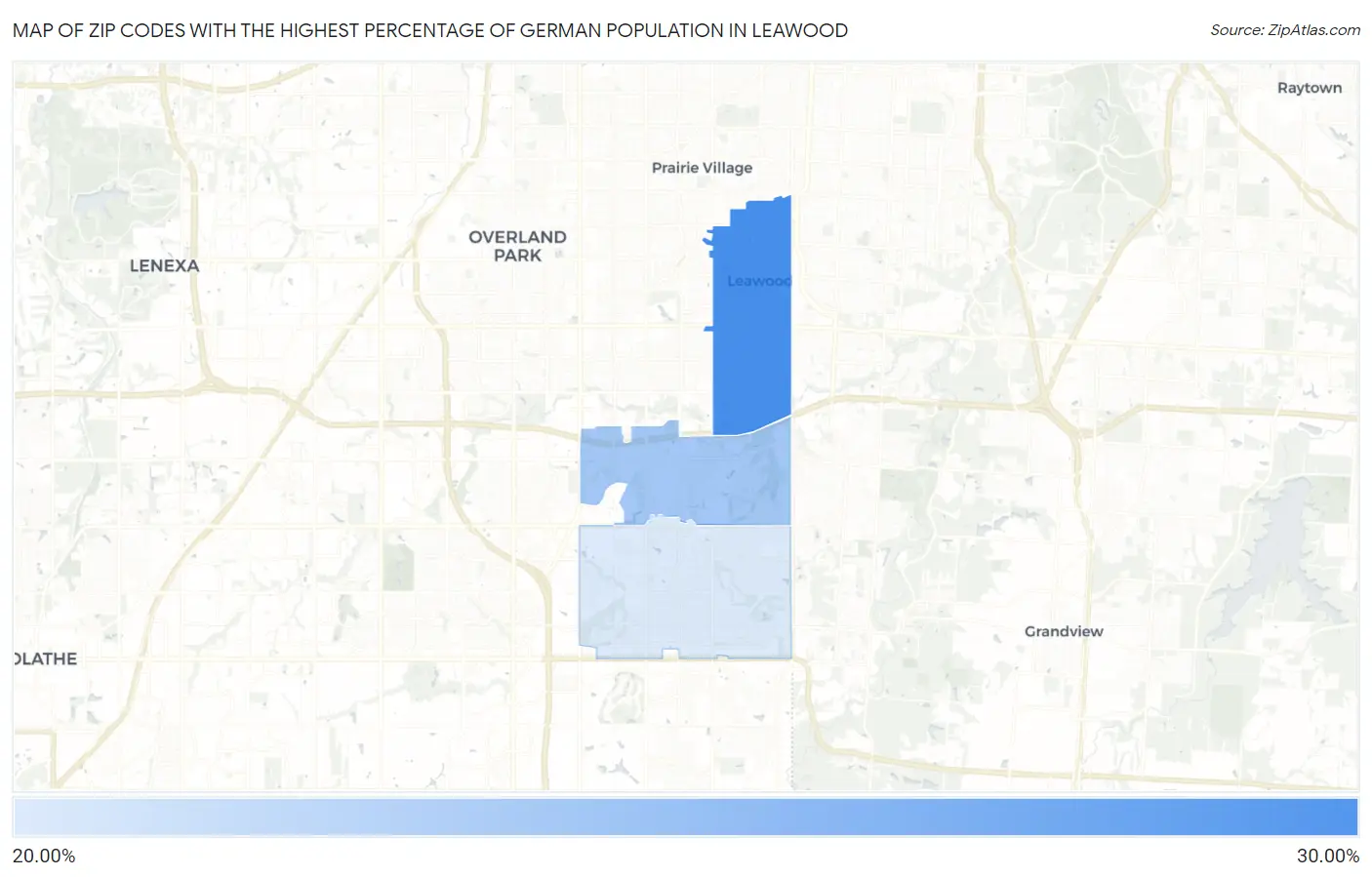 Zip Codes with the Highest Percentage of German Population in Leawood Map