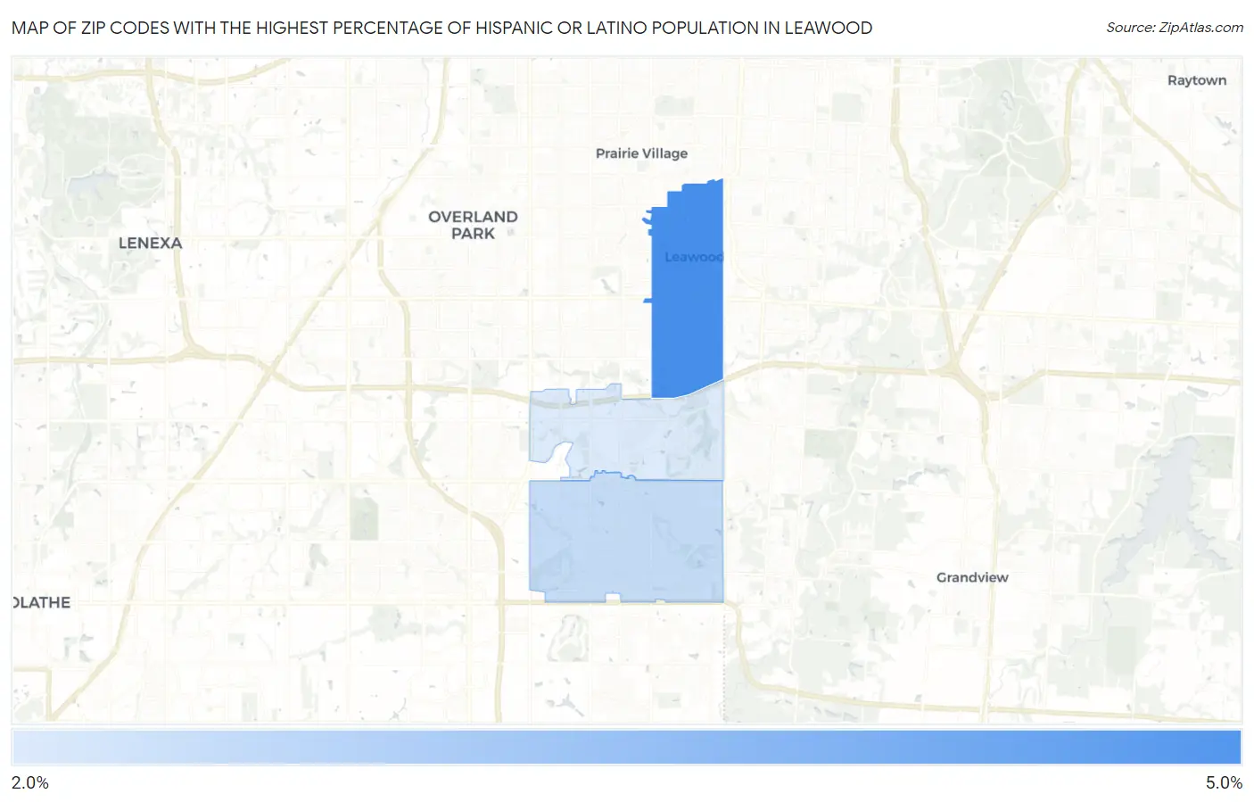 Zip Codes with the Highest Percentage of Hispanic or Latino Population in Leawood Map