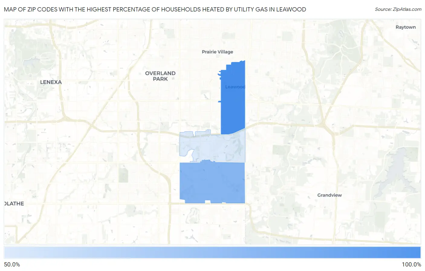 Zip Codes with the Highest Percentage of Households Heated by Utility Gas in Leawood Map