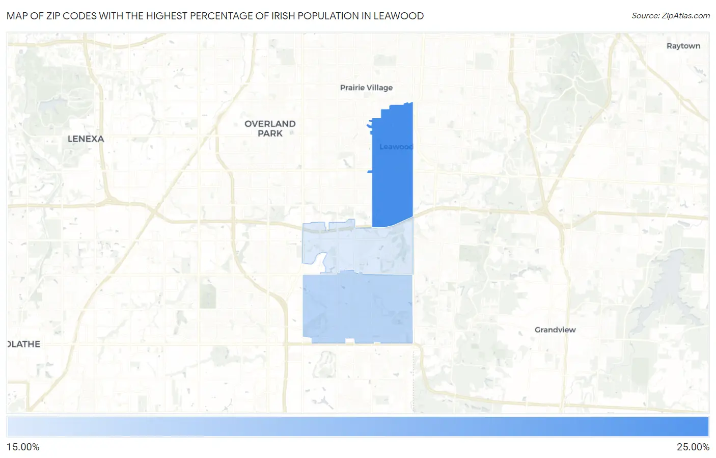 Zip Codes with the Highest Percentage of Irish Population in Leawood Map