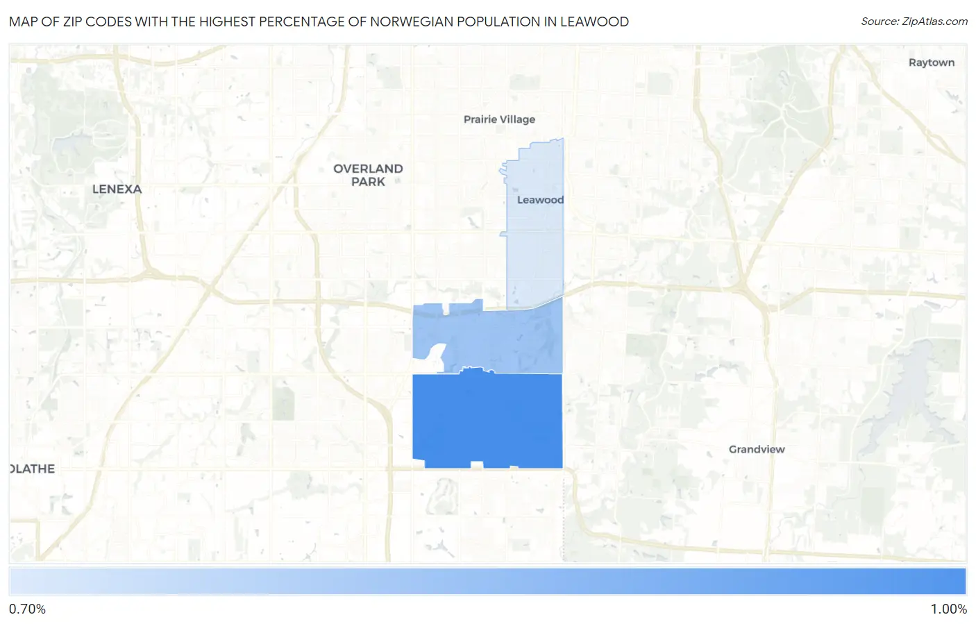 Zip Codes with the Highest Percentage of Norwegian Population in Leawood Map