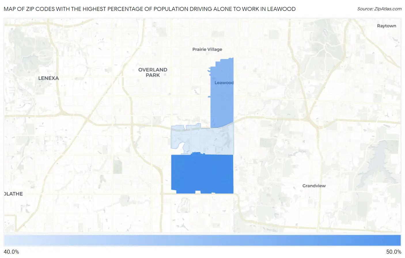 Zip Codes with the Highest Percentage of Population Driving Alone to Work in Leawood Map