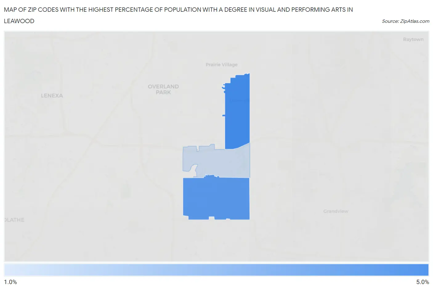 Zip Codes with the Highest Percentage of Population with a Degree in Visual and Performing Arts in Leawood Map