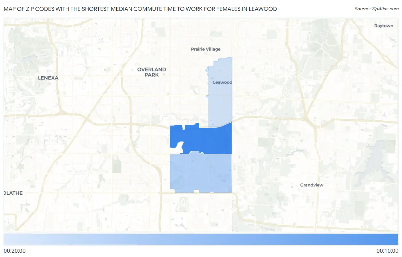 Zip Codes with the Shortest Median Commute Time to Work for Females in Leawood Map