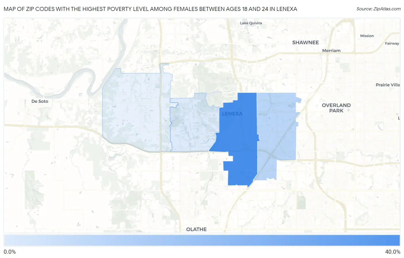 Zip Codes with the Highest Poverty Level Among Females Between Ages 18 and 24 in Lenexa Map
