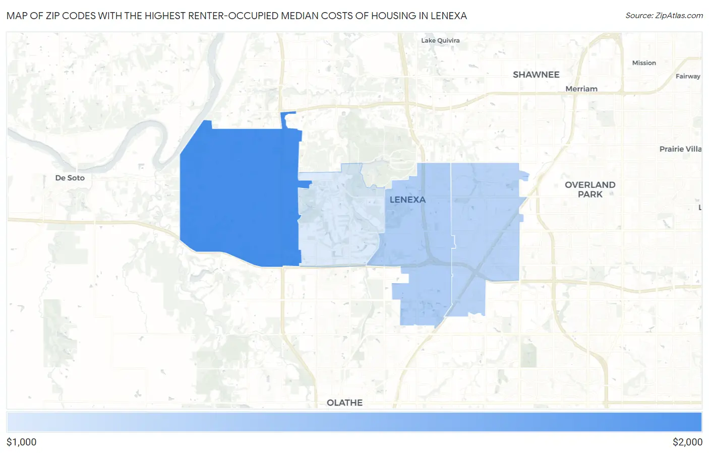 Zip Codes with the Highest Renter-Occupied Median Costs of Housing in Lenexa Map