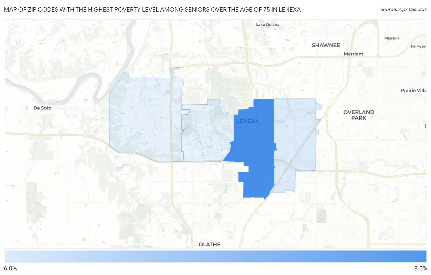 Zip Codes with the Highest Poverty Level Among Seniors Over the Age of 75 in Lenexa Map