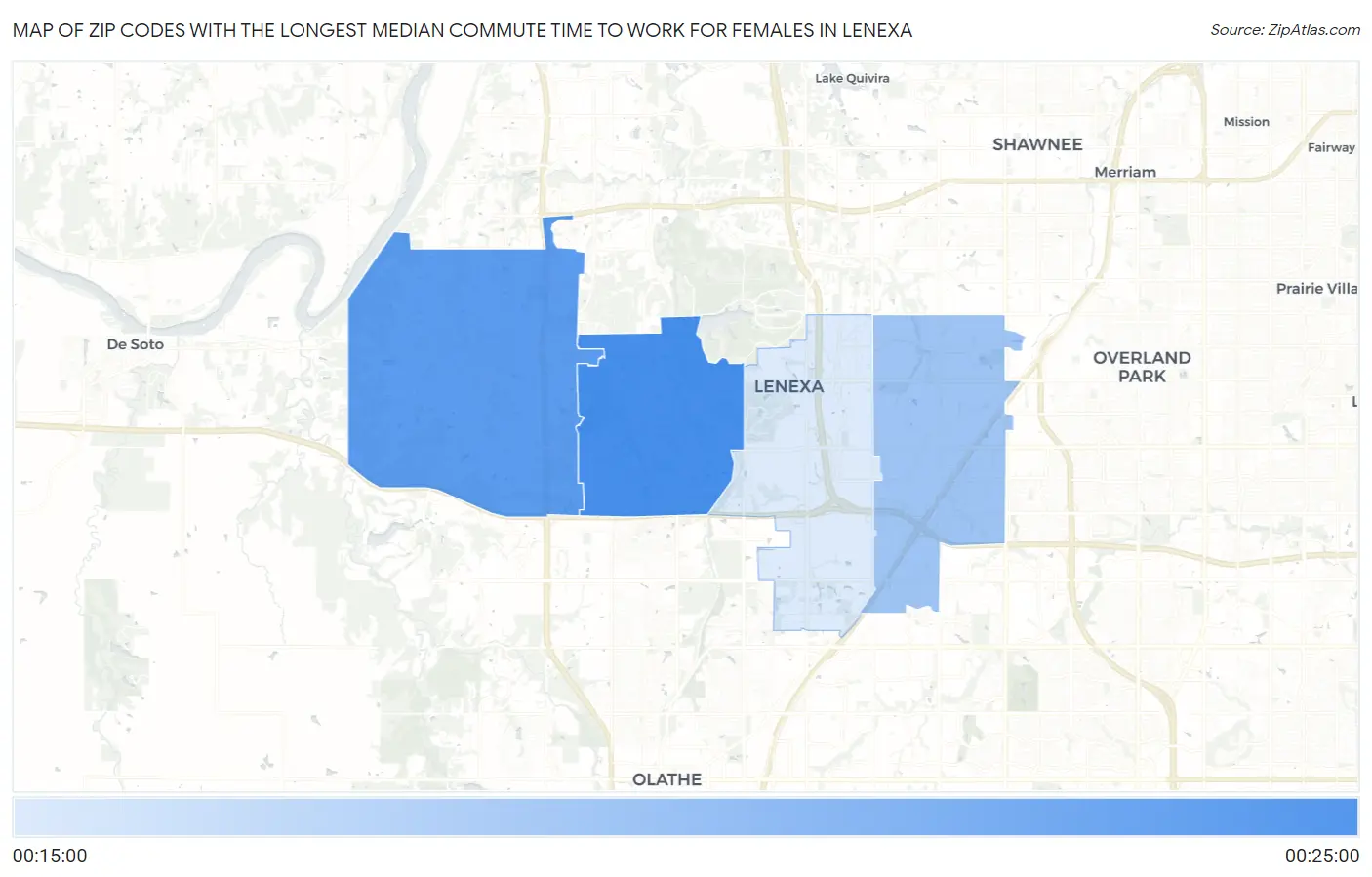 Zip Codes with the Longest Median Commute Time to Work for Females in Lenexa Map