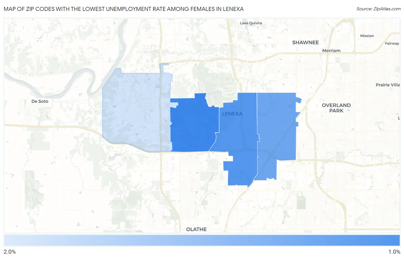 Zip Codes with the Lowest Unemployment Rate Among Females in Lenexa Map
