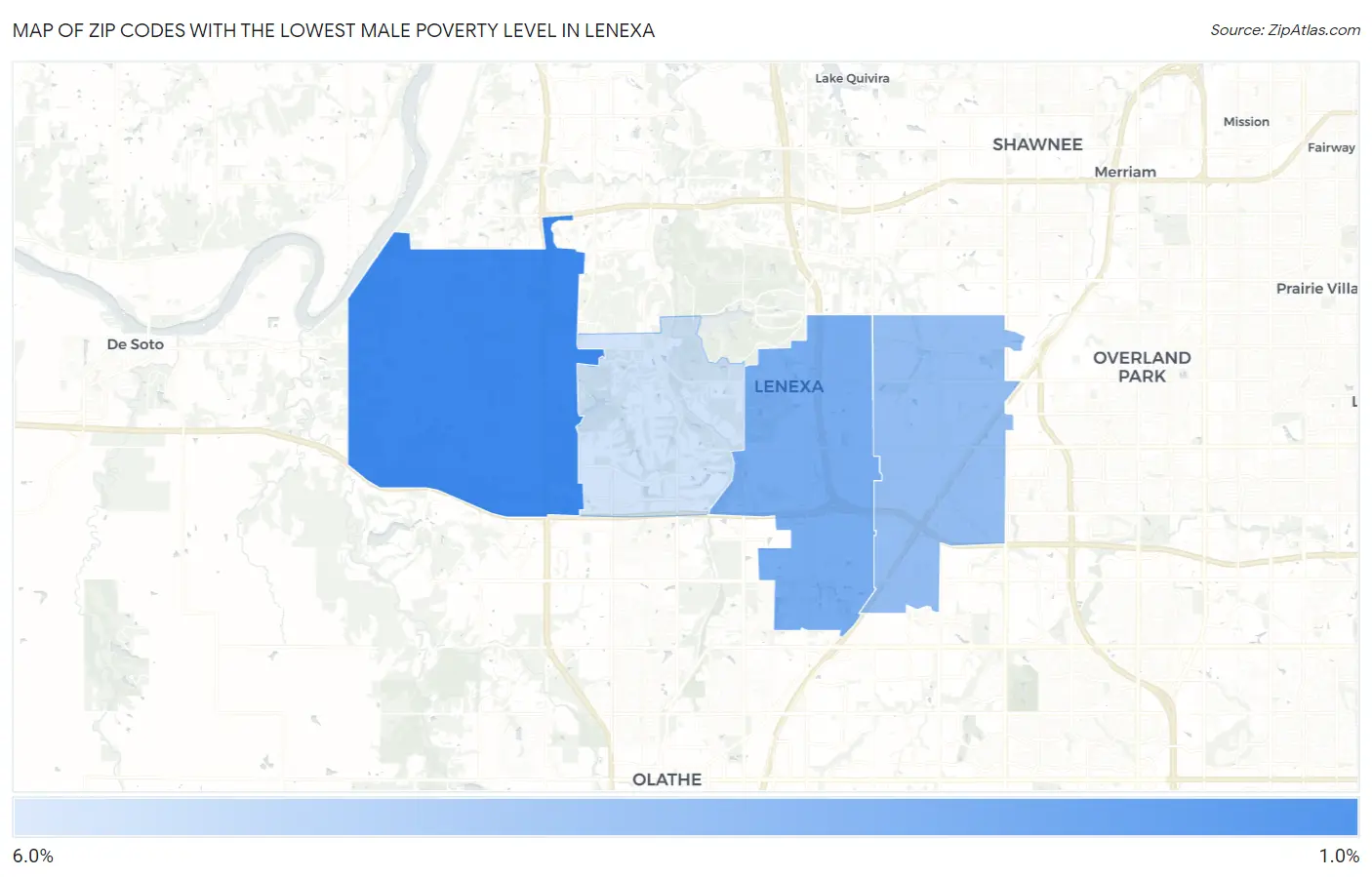 Zip Codes with the Lowest Male Poverty Level in Lenexa Map