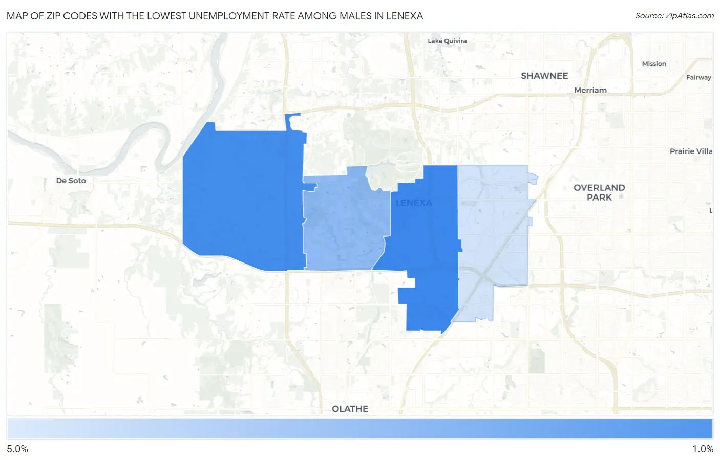 Zip Codes with the Lowest Unemployment Rate Among Males in Lenexa Map