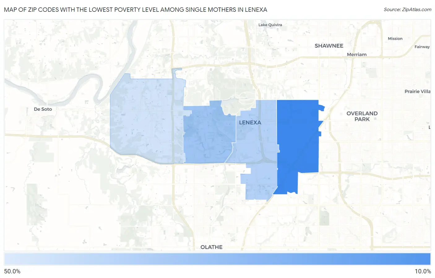 Zip Codes with the Lowest Poverty Level Among Single Mothers in Lenexa Map