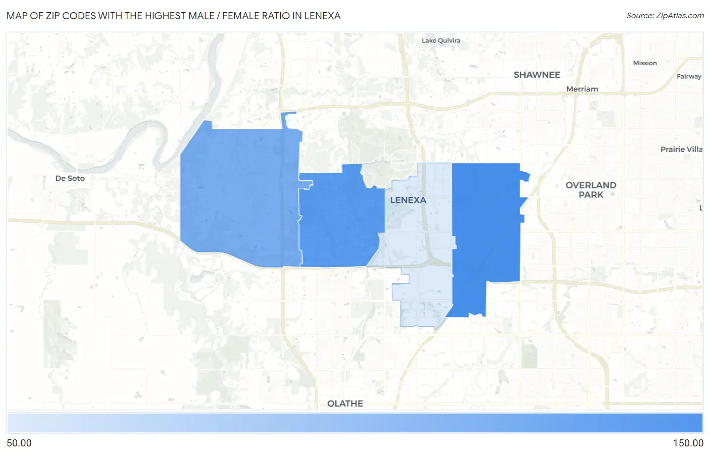 Zip Codes with the Highest Male / Female Ratio in Lenexa Map