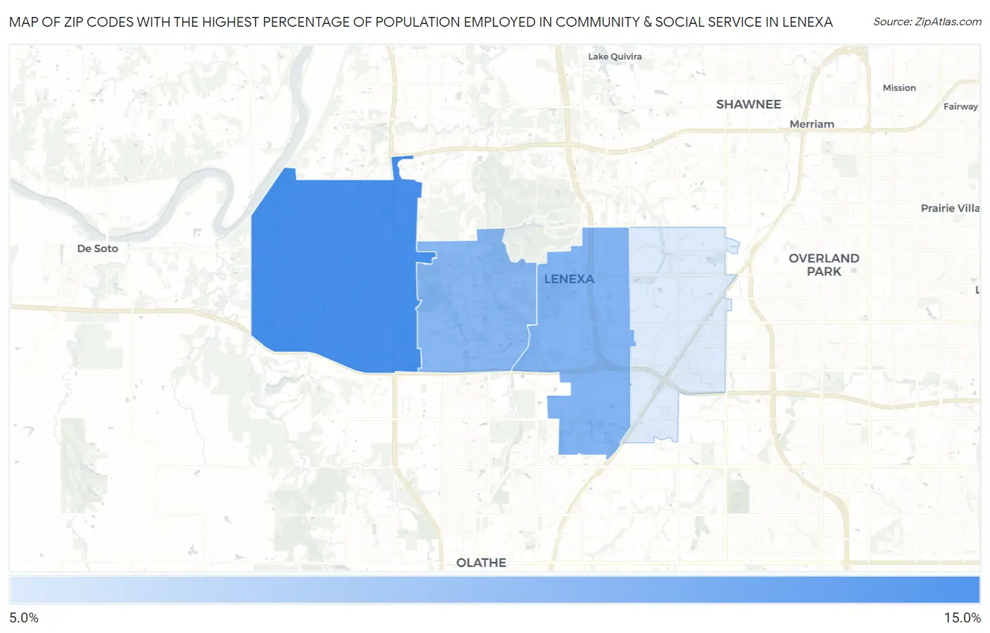 Zip Codes with the Highest Percentage of Population Employed in Community & Social Service  in Lenexa Map
