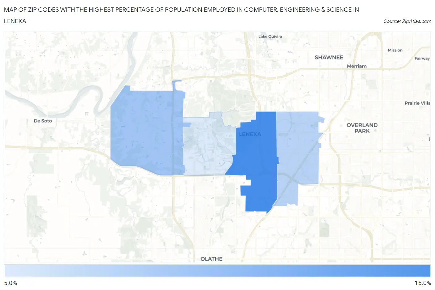 Zip Codes with the Highest Percentage of Population Employed in Computer, Engineering & Science in Lenexa Map