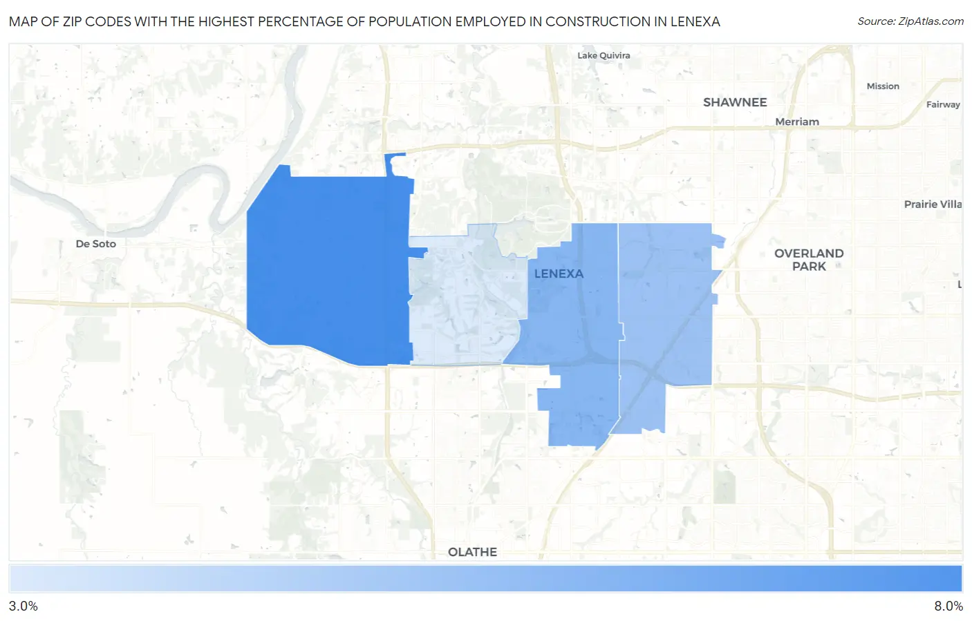 Zip Codes with the Highest Percentage of Population Employed in Construction in Lenexa Map