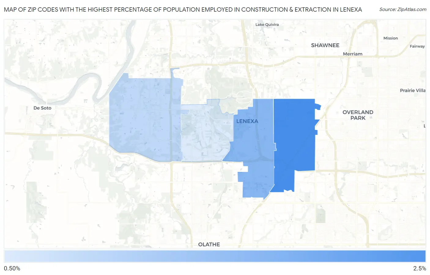 Zip Codes with the Highest Percentage of Population Employed in Construction & Extraction in Lenexa Map