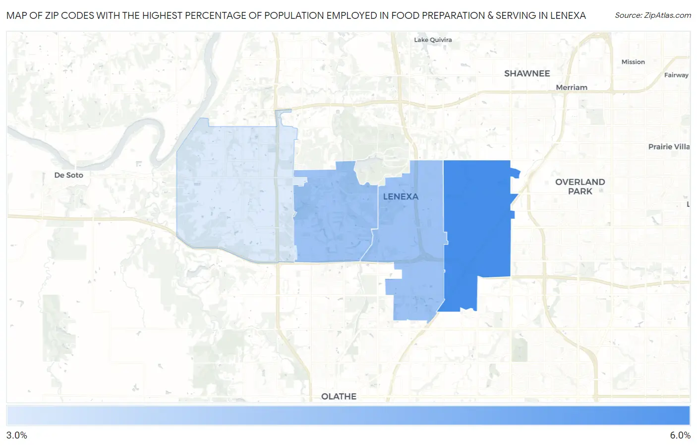 Zip Codes with the Highest Percentage of Population Employed in Food Preparation & Serving in Lenexa Map