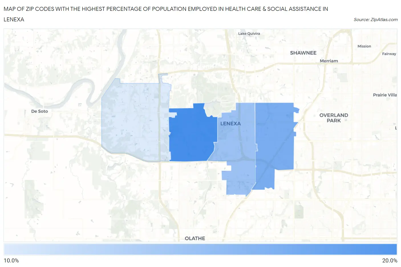 Zip Codes with the Highest Percentage of Population Employed in Health Care & Social Assistance in Lenexa Map