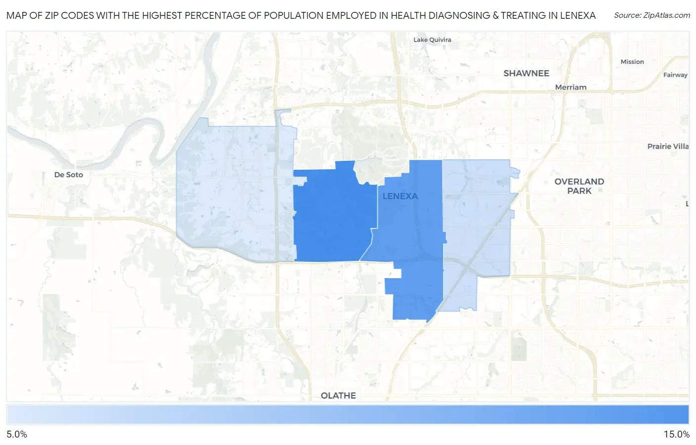 Zip Codes with the Highest Percentage of Population Employed in Health Diagnosing & Treating in Lenexa Map