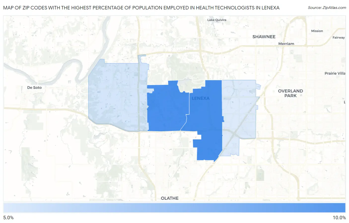 Zip Codes with the Highest Percentage of Population Employed in Health Technologists in Lenexa Map