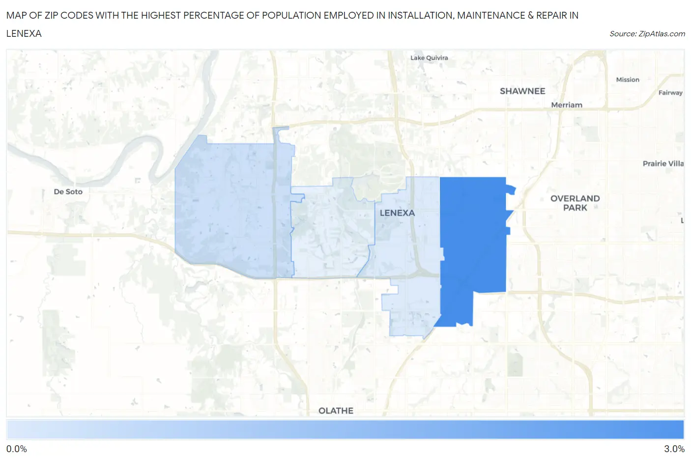 Zip Codes with the Highest Percentage of Population Employed in Installation, Maintenance & Repair in Lenexa Map