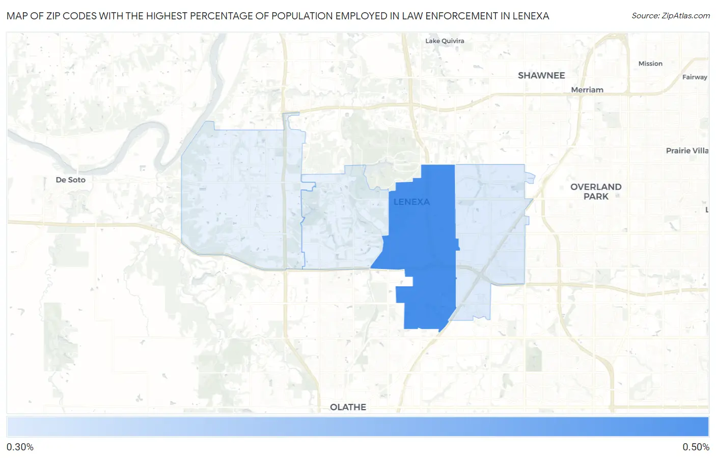 Zip Codes with the Highest Percentage of Population Employed in Law Enforcement in Lenexa Map