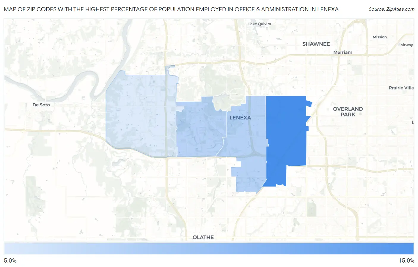 Zip Codes with the Highest Percentage of Population Employed in Office & Administration in Lenexa Map