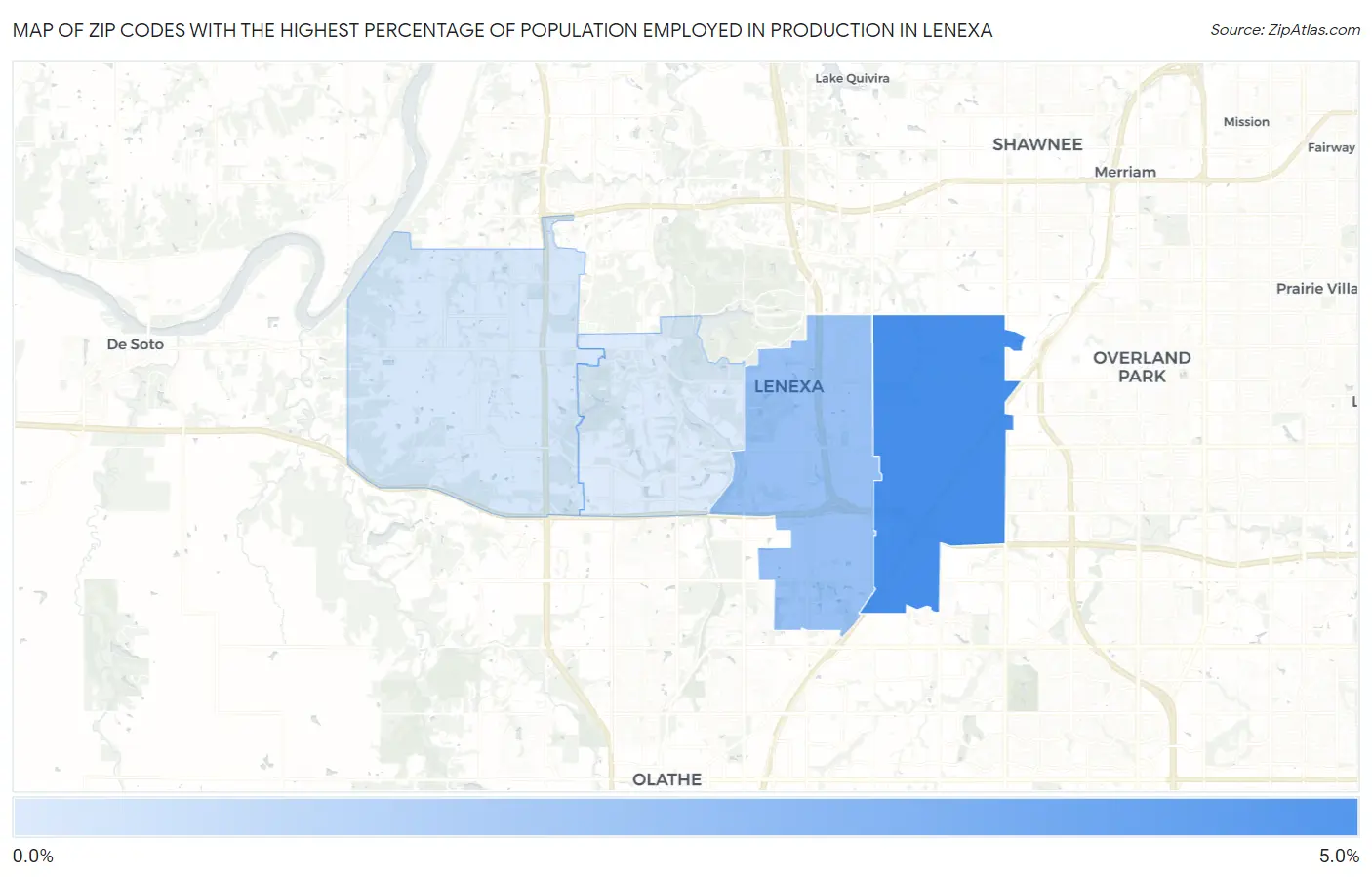 Zip Codes with the Highest Percentage of Population Employed in Production in Lenexa Map