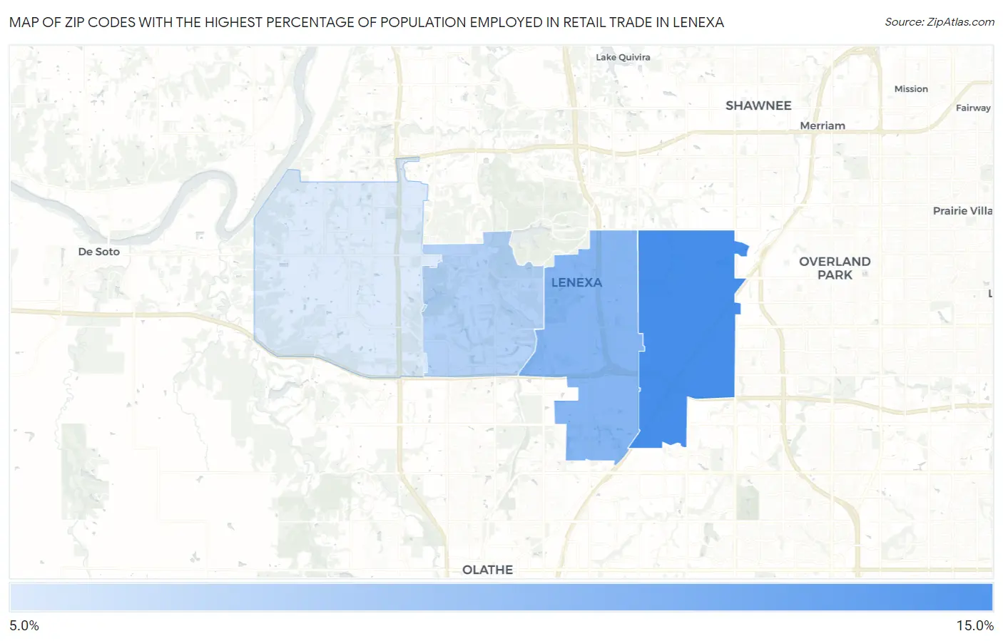 Zip Codes with the Highest Percentage of Population Employed in Retail Trade in Lenexa Map