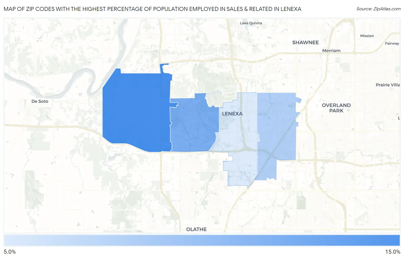 Zip Codes with the Highest Percentage of Population Employed in Sales & Related in Lenexa Map