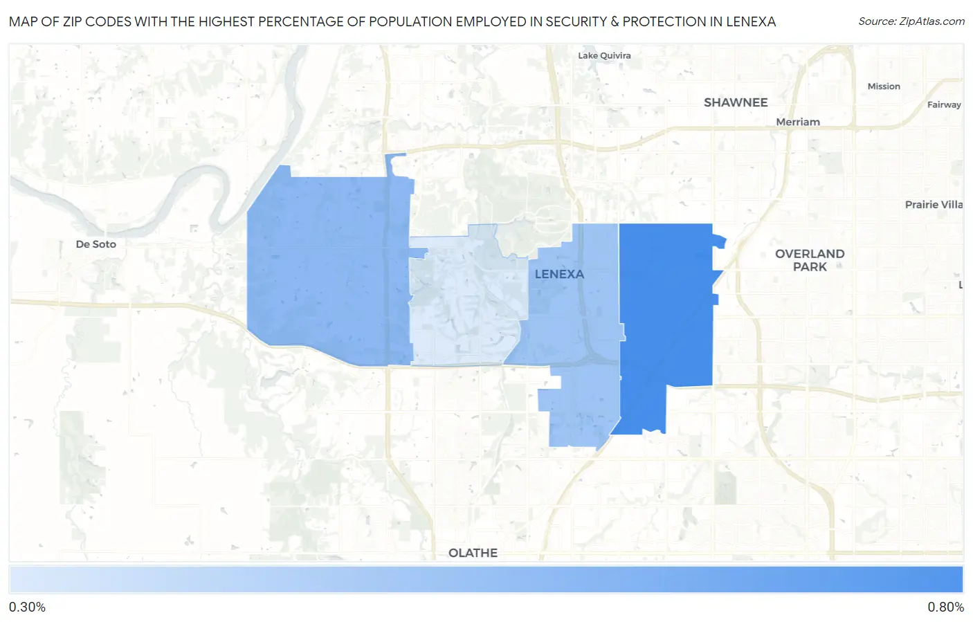 Zip Codes with the Highest Percentage of Population Employed in Security & Protection in Lenexa Map