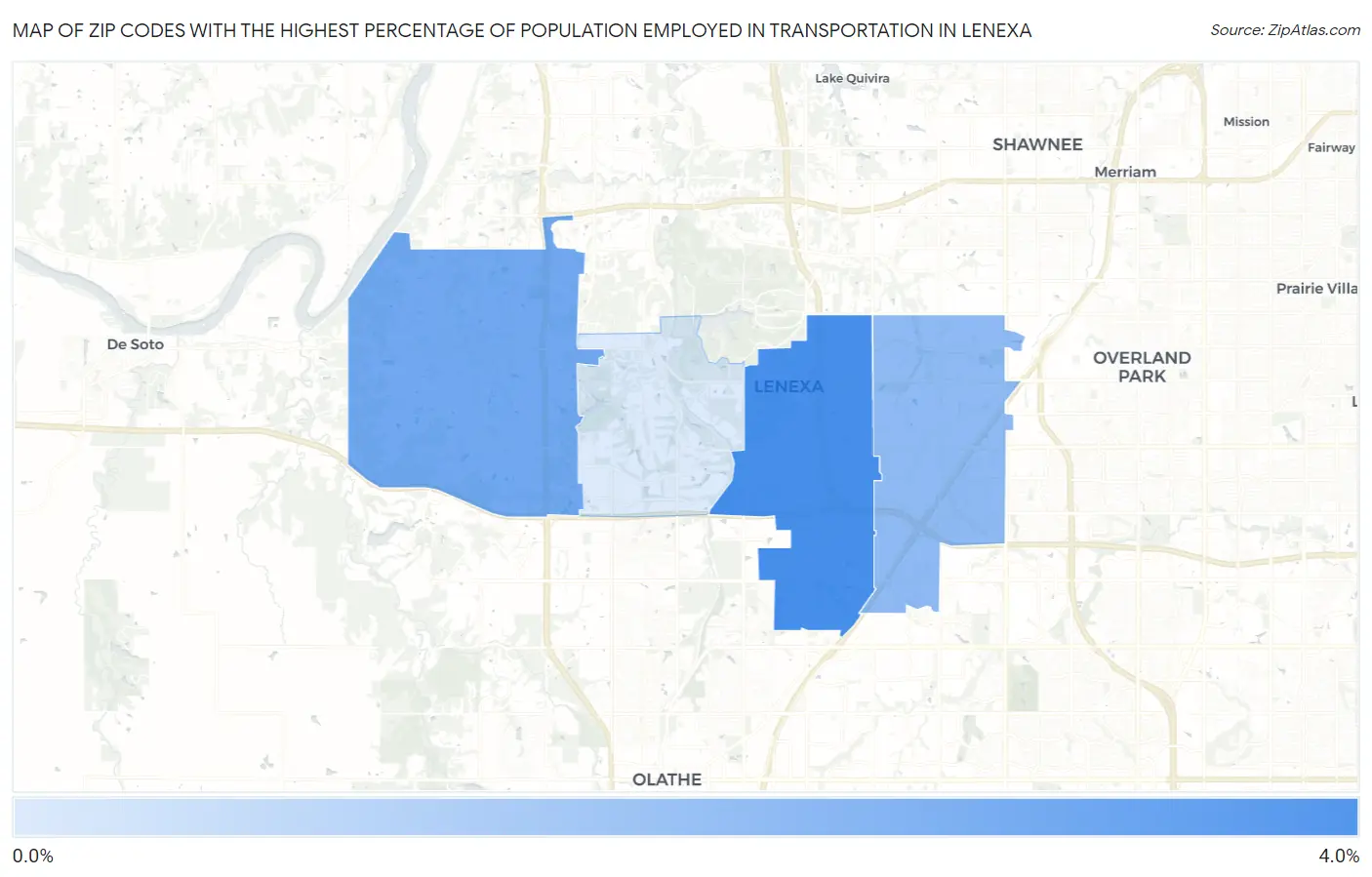 Zip Codes with the Highest Percentage of Population Employed in Transportation in Lenexa Map