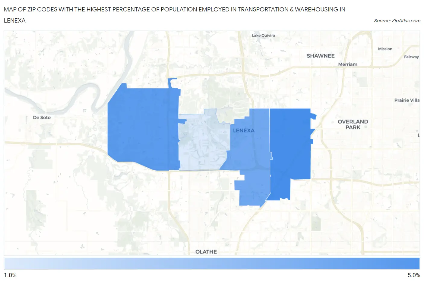 Zip Codes with the Highest Percentage of Population Employed in Transportation & Warehousing in Lenexa Map